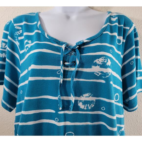 Woman Within Teal White Striped Round Neck Top 1X Plus Lightweight Short Sleeves - Picture 5 of 7